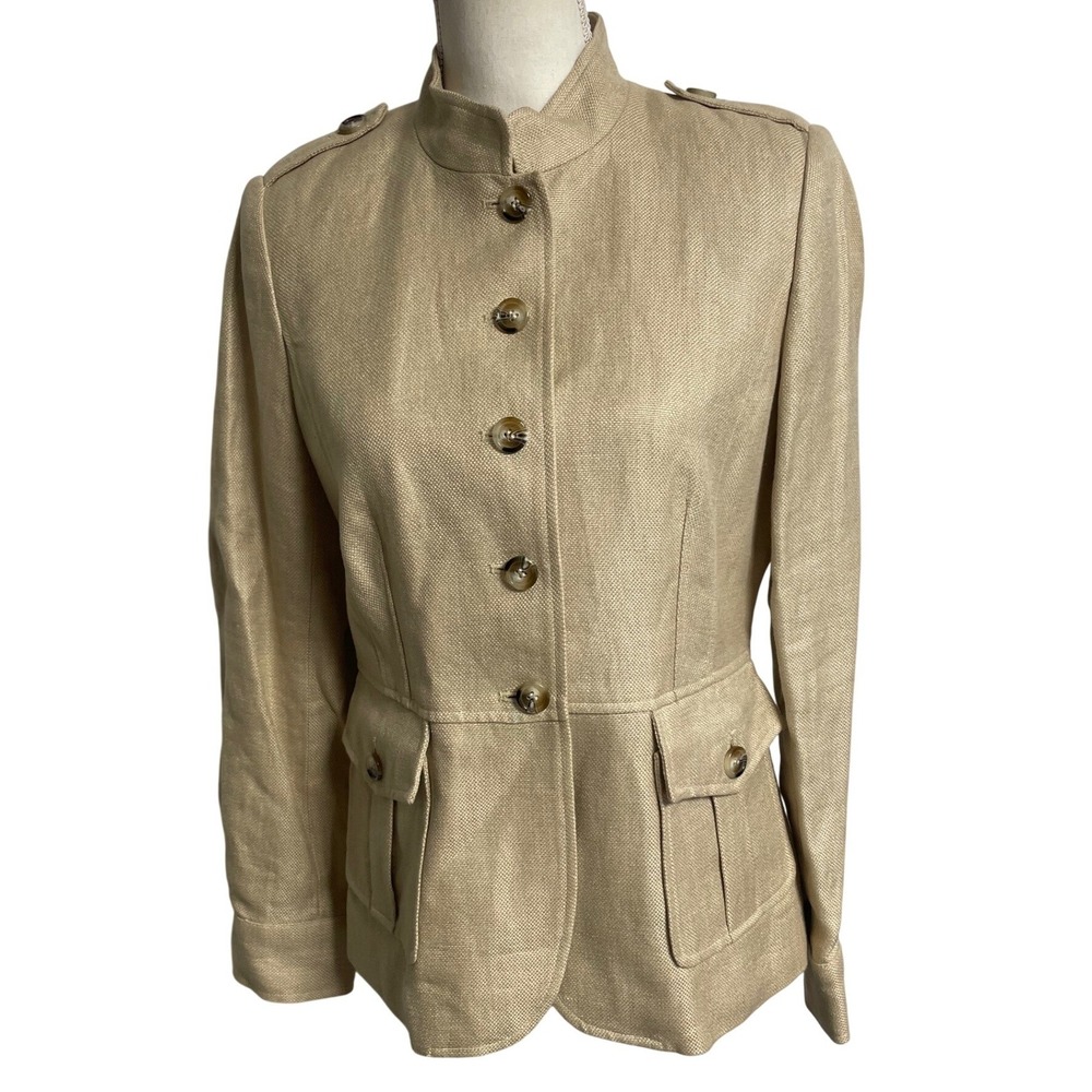 Lena Gabrielle Linen Natural Military Style Stand Collar Blazer Women's 6